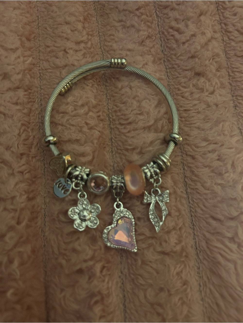 Silver-Tone Charm Bracelet with Pink Heart and Floral Accents